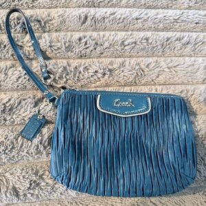COACH Ashley Gathered Teal Satin Pleated Wristlet Purse W/ Zipper Closure